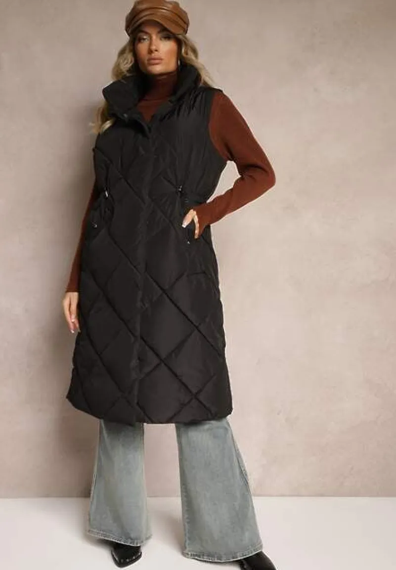 Czarna Długa Kamizelka z Pikowaniem i Troczkami w Pasie Taiaeli