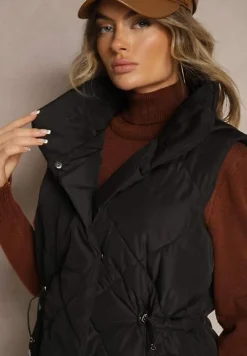 Czarna Długa Kamizelka z Pikowaniem i Troczkami w Pasie Taiaeli