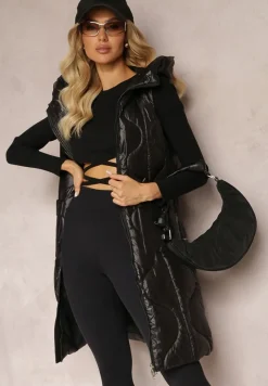 Czarna Długa Kamizelka z Wsuwanymi Kieszeniami i Kapturem Manzella