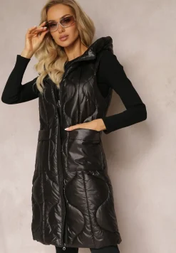 Czarna Długa Kamizelka z Wsuwanymi Kieszeniami i Kapturem Manzella