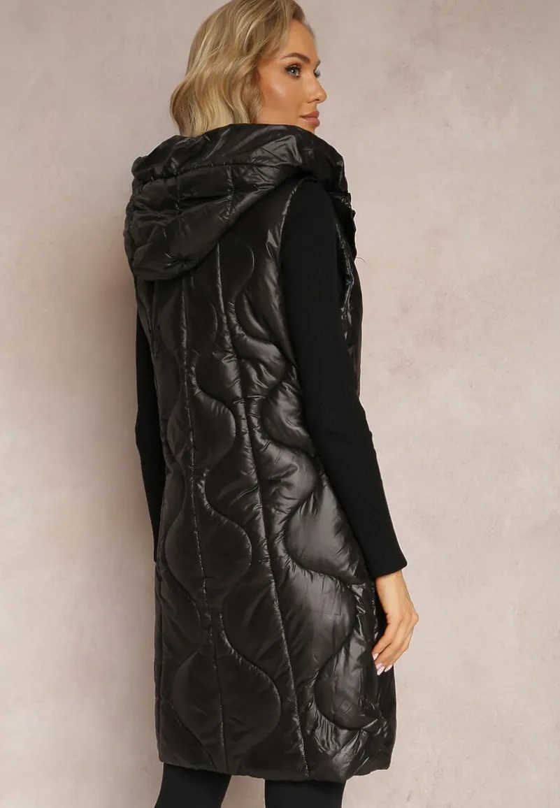 Czarna Długa Kamizelka z Wsuwanymi Kieszeniami i Kapturem Manzella
