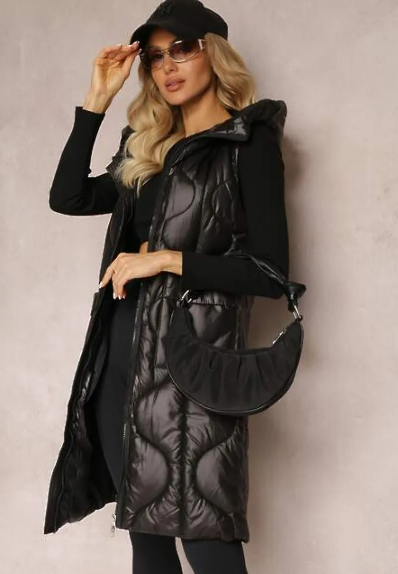 Czarna Długa Kamizelka z Wsuwanymi Kieszeniami i Kapturem Manzella