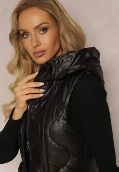 Czarna Długa Kamizelka z Wsuwanymi Kieszeniami i Kapturem Manzella