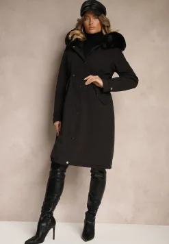 Czarna Długa Kurtka o Fasonie Parki z Futerkiem Edelais