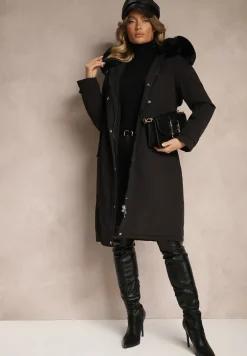 Czarna Długa Kurtka o Fasonie Parki z Futerkiem Edelais