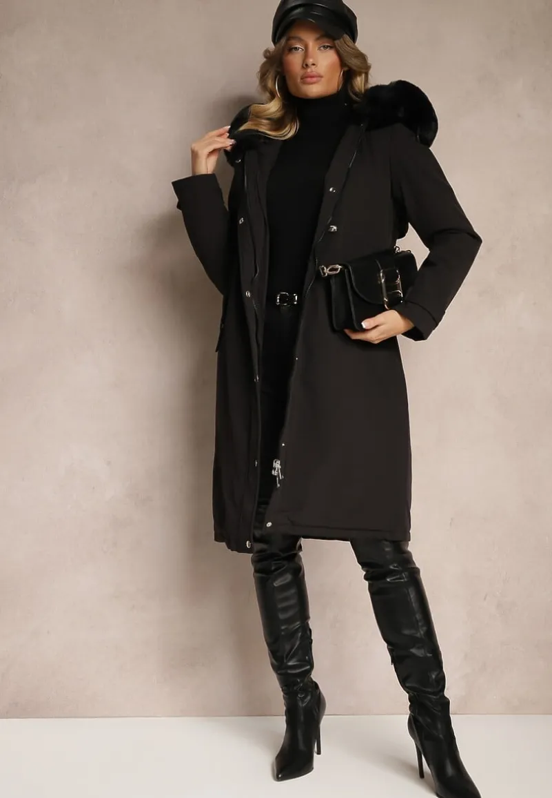 Czarna Długa Kurtka o Fasonie Parki z Futerkiem Edelais
