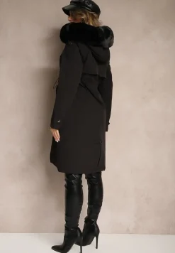 Czarna Długa Kurtka o Fasonie Parki z Futerkiem Edelais