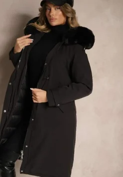Czarna Długa Kurtka o Fasonie Parki z Futerkiem Edelais