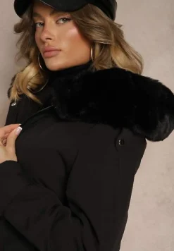 Czarna Długa Kurtka o Fasonie Parki z Futerkiem Edelais