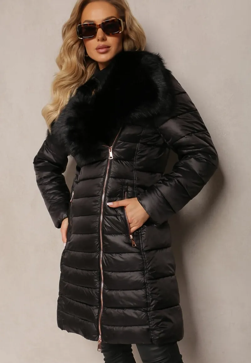Czarna Długa Kurtka Ozdobiona Futerkiem na Kołnierzu i Pikowaniem Novenna