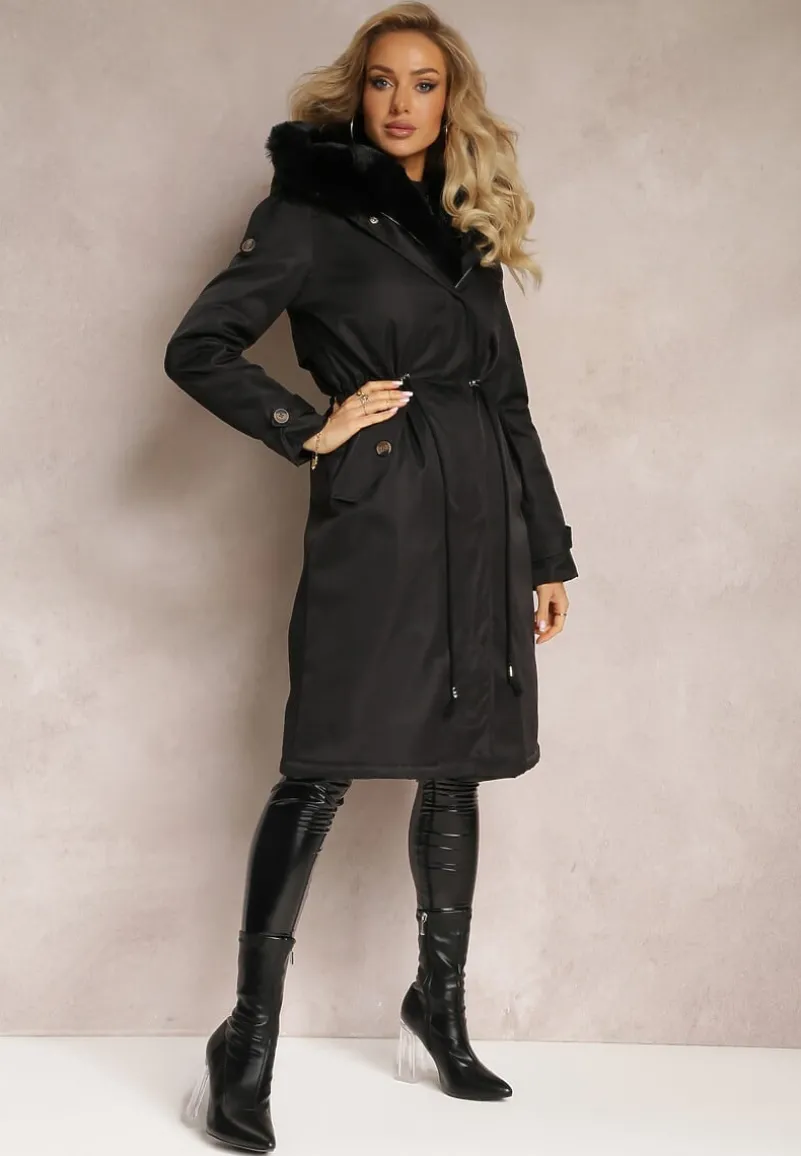 Czarna Długa Kurtka Parka Nylonowa Płaszcz z Futrzanymi Wstawkami Rinale