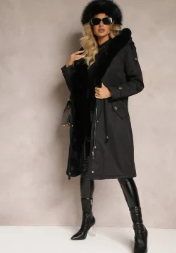 Czarna Długa Kurtka Parka Nylonowa Płaszcz z Futrzanymi Wstawkami Rinale