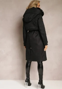 Czarna Długa Kurtka Parka Nylonowa Płaszcz z Futrzanymi Wstawkami Rinale