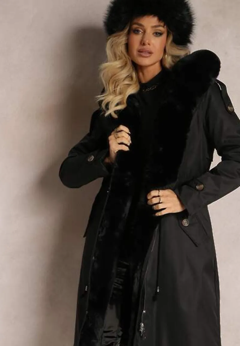 Czarna Długa Kurtka Parka Nylonowa Płaszcz z Futrzanymi Wstawkami Rinale