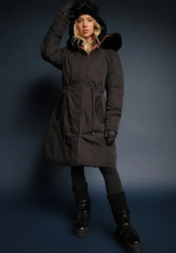 Czarna Długa Kurtka Płaszcz o Dwustronnym Fasonie z Kapturem Astrae