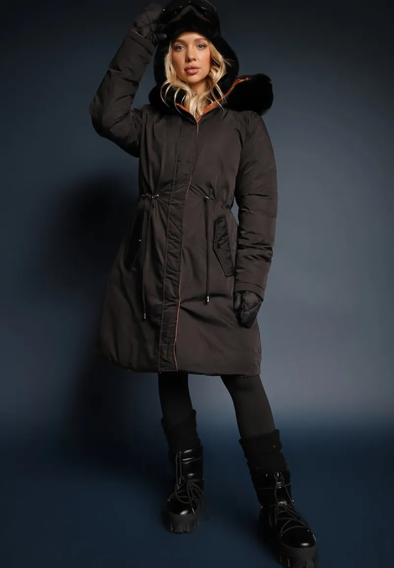 Czarna Długa Kurtka Płaszcz o Dwustronnym Fasonie z Kapturem Astrae