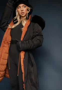 Czarna Długa Kurtka Płaszcz o Dwustronnym Fasonie z Kapturem Astrae