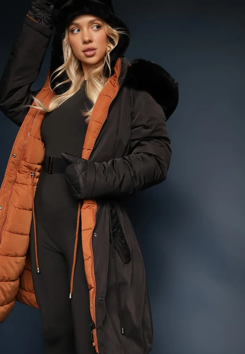 Czarna Długa Kurtka Płaszcz o Dwustronnym Fasonie z Kapturem Astrae