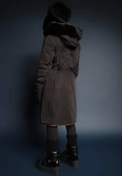 Czarna Długa Kurtka Płaszcz o Dwustronnym Fasonie z Kapturem Astrae