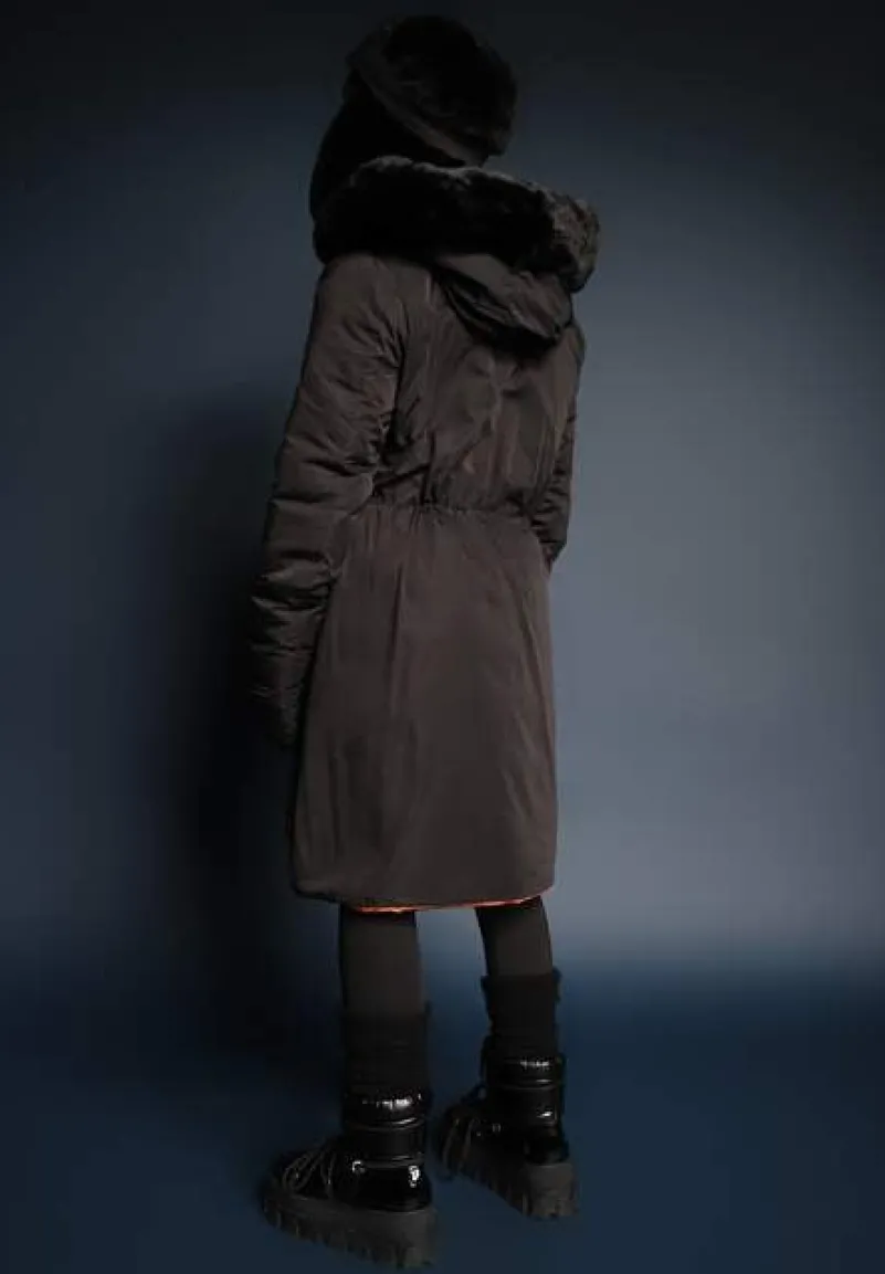 Czarna Długa Kurtka Płaszcz o Dwustronnym Fasonie z Kapturem Astrae