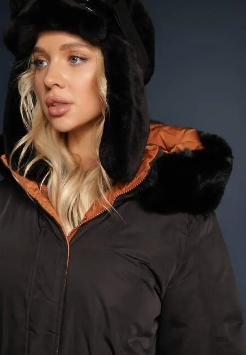 Czarna Długa Kurtka Płaszcz o Dwustronnym Fasonie z Kapturem Astrae