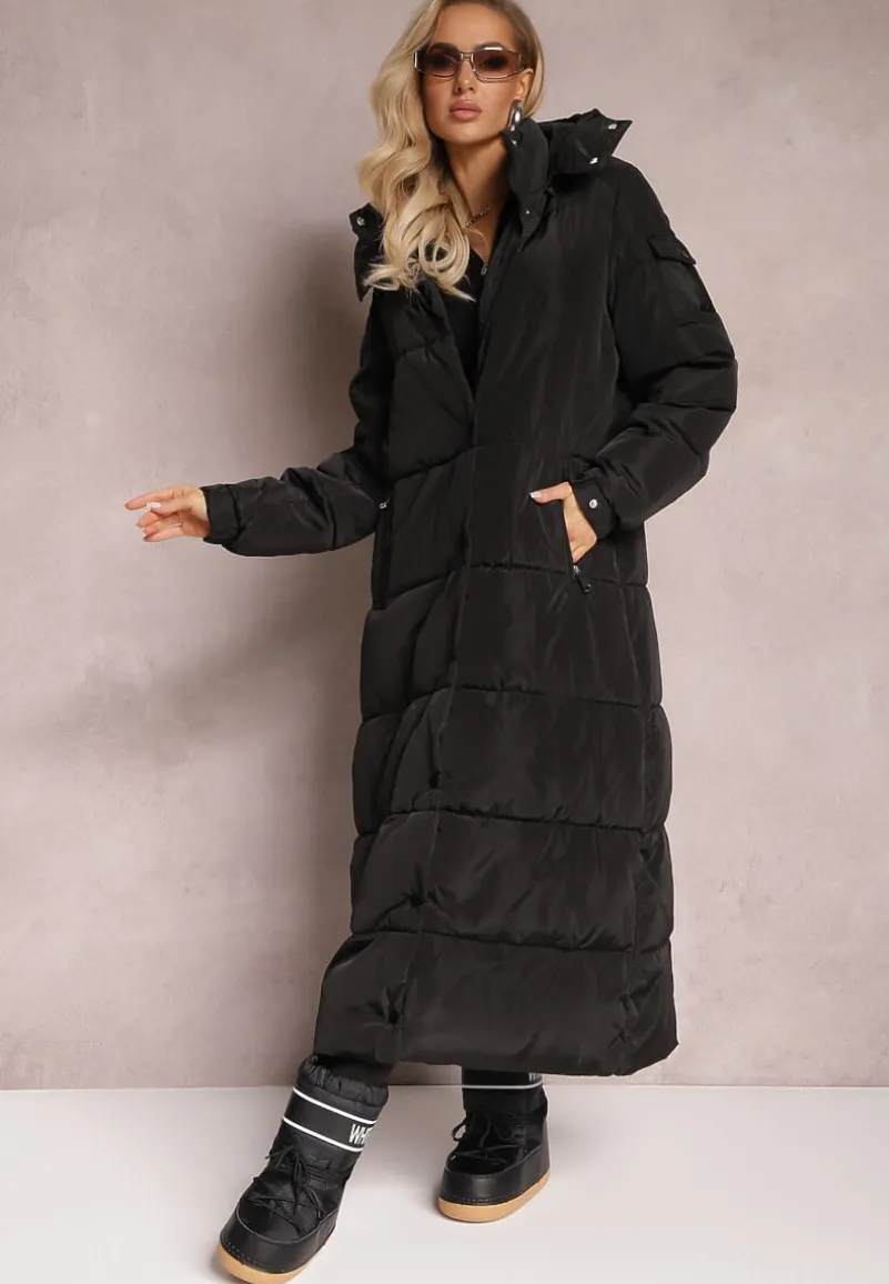 Czarna Długa Kurtka Płaszcz z Pikowaniem i Odpinanym Kapturem Mystaris