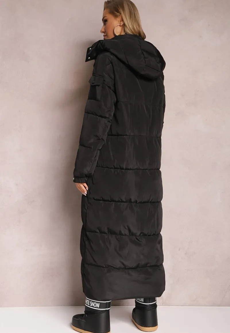 Czarna Długa Kurtka Płaszcz z Pikowaniem i Odpinanym Kapturem Mystaris