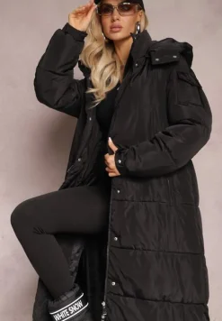 Czarna Długa Kurtka Płaszcz z Pikowaniem i Odpinanym Kapturem Mystaris