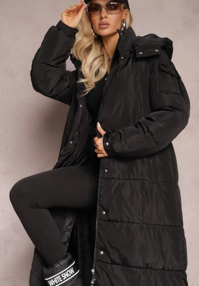 Czarna Długa Kurtka Płaszcz z Pikowaniem i Odpinanym Kapturem Mystaris