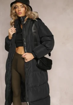 Czarna Długa Kurtka Pikowana z Kapturem Serea