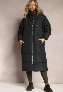Czarna Długa Kurtka Pikowana z Kapturem Serea