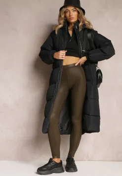 Czarna Długa Kurtka Pikowana z Kapturem Serea