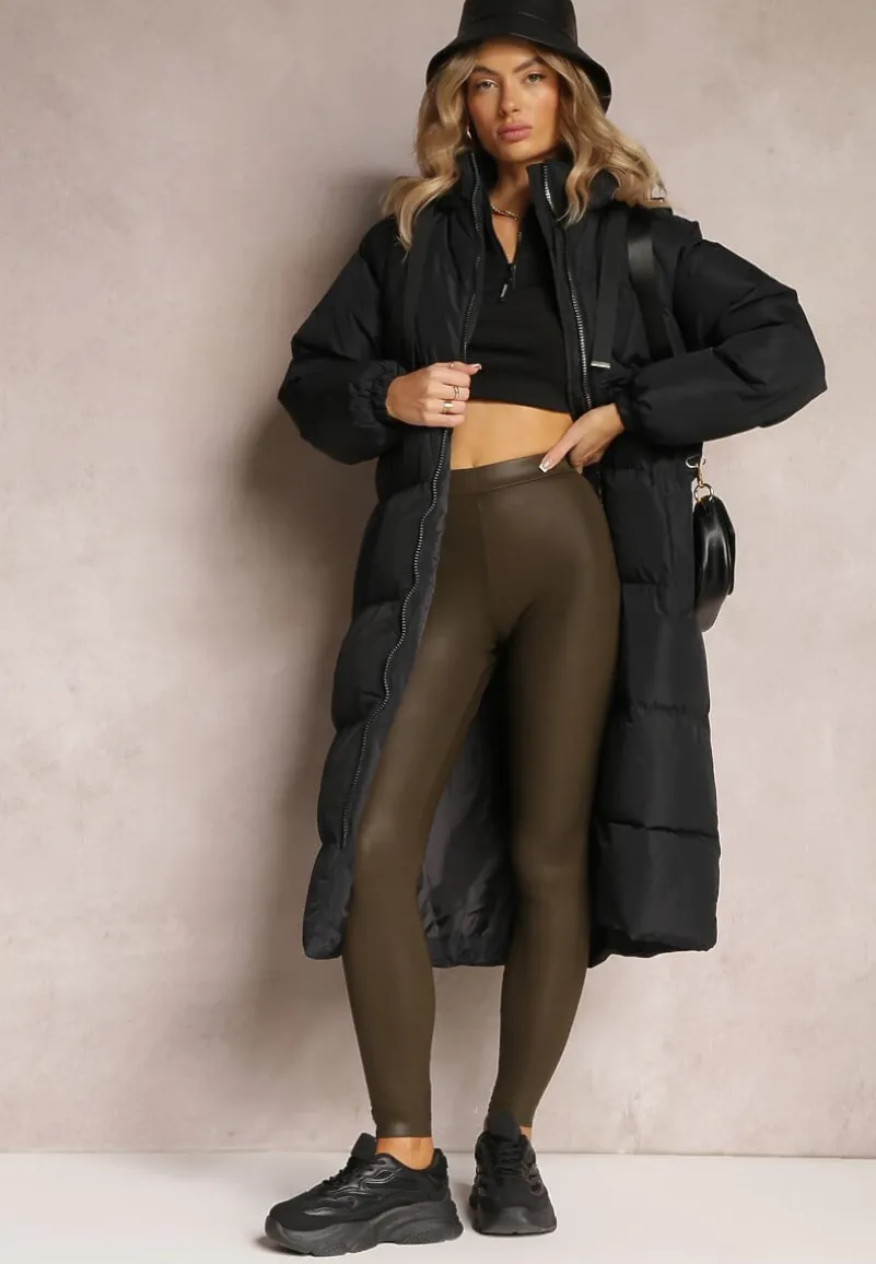 Czarna Długa Kurtka Pikowana z Kapturem Serea