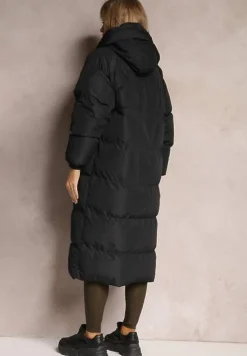 Czarna Długa Kurtka Pikowana z Kapturem Serea