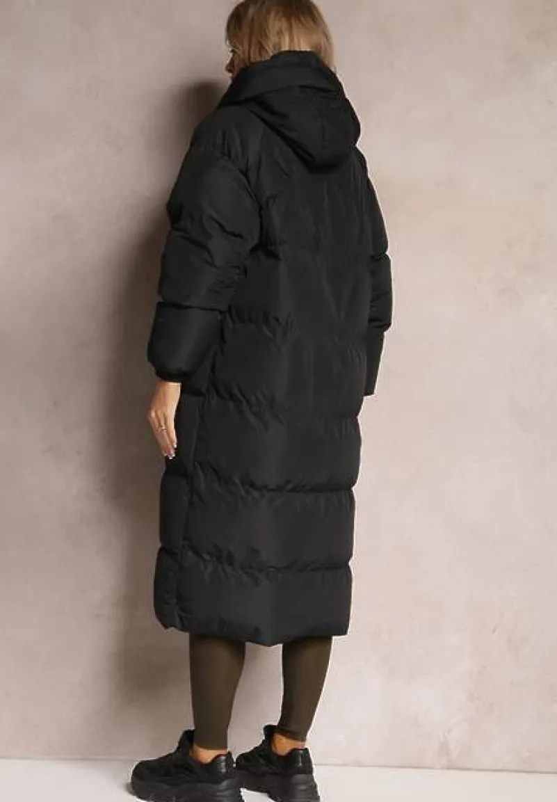 Czarna Długa Kurtka Pikowana z Kapturem Serea