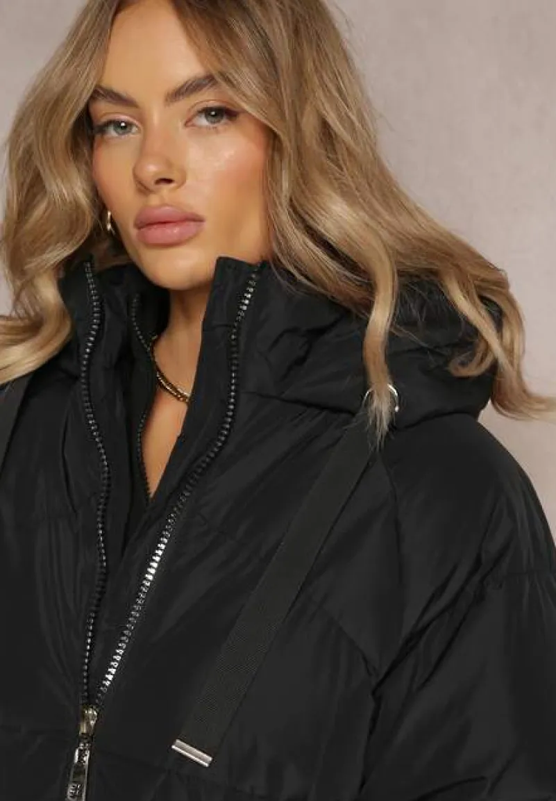 Czarna Długa Kurtka Pikowana z Kapturem Serea