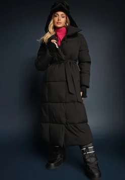 Czarna Długa Kurtka Pikowana Płaszcz z Paskiem Adellesstta