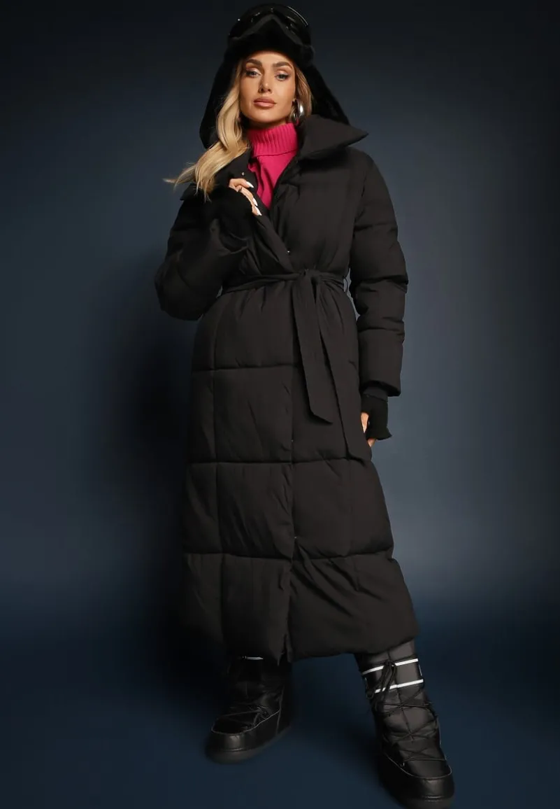 Czarna Długa Kurtka Pikowana Płaszcz z Paskiem Adellesstta