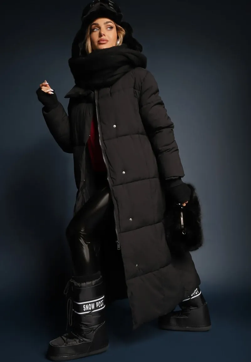 Czarna Długa Kurtka Pikowana Płaszcz z Paskiem Adellesstta