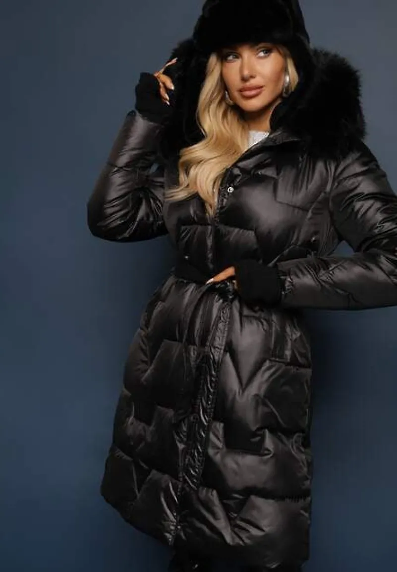 Czarna Długa Kurtka Pikowana z Odpinanym Kołnierzem i Paskiem Rinarella