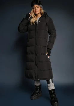 Czarna Długa Kurtka Pikowana Płaszcz z Kapturem Samonira