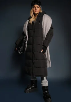 Czarna Długa Kurtka Pikowana Płaszcz z Kapturem Samonira