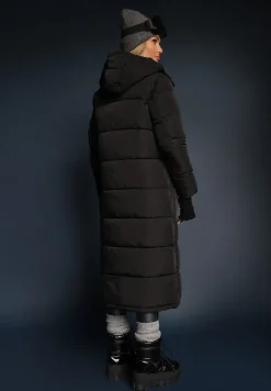 Czarna Długa Kurtka Pikowana Płaszcz z Kapturem Samonira