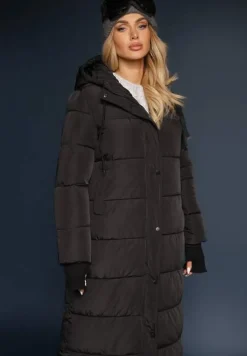 Czarna Długa Kurtka Pikowana Płaszcz z Kapturem Samonira