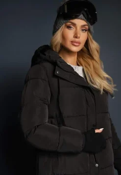 Czarna Długa Kurtka Pikowana Płaszcz z Kapturem Samonira