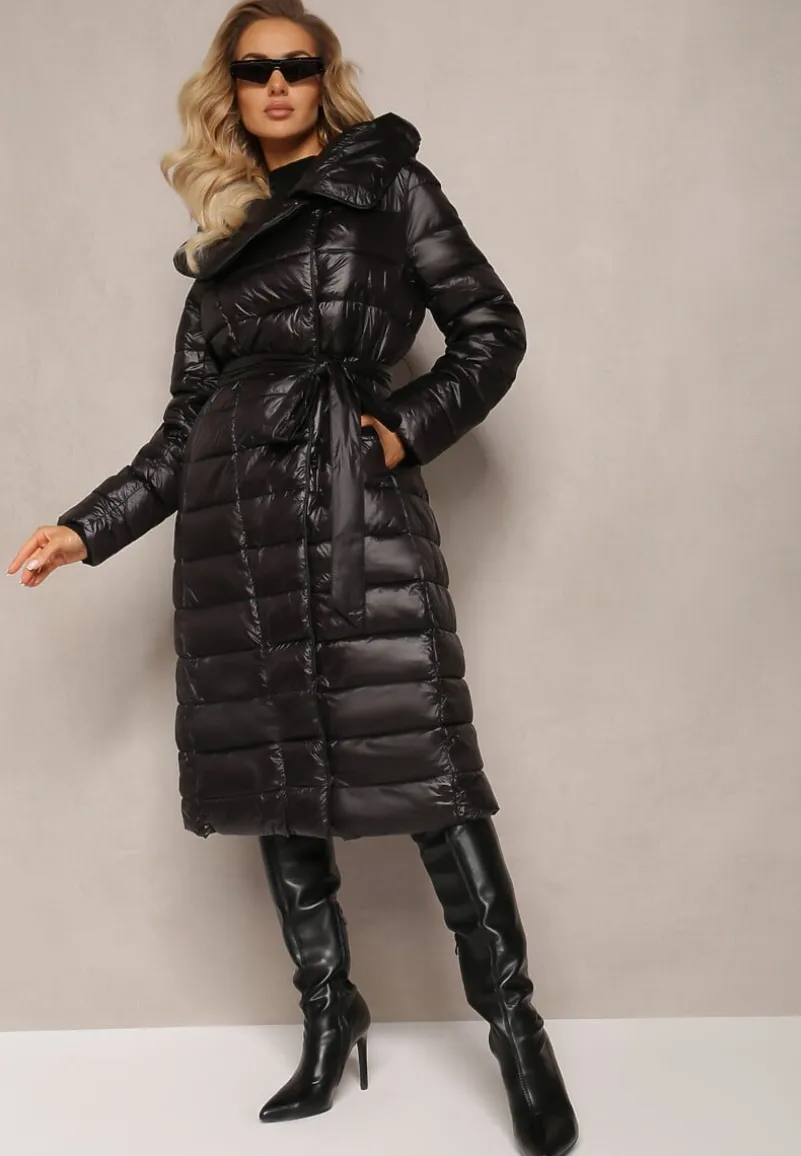 Czarna Długa Kurtka Pikowana Płaszcz z Szerokim Kołnierzem Mizii