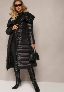 Czarna Długa Kurtka Pikowana Płaszcz z Szerokim Kołnierzem Mizii