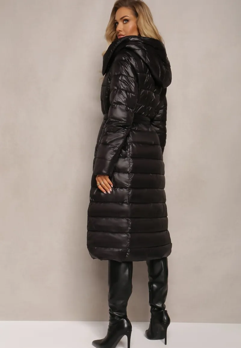 Czarna Długa Kurtka Pikowana Płaszcz z Szerokim Kołnierzem Mizii