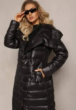 Czarna Długa Kurtka Pikowana Płaszcz z Szerokim Kołnierzem Mizii