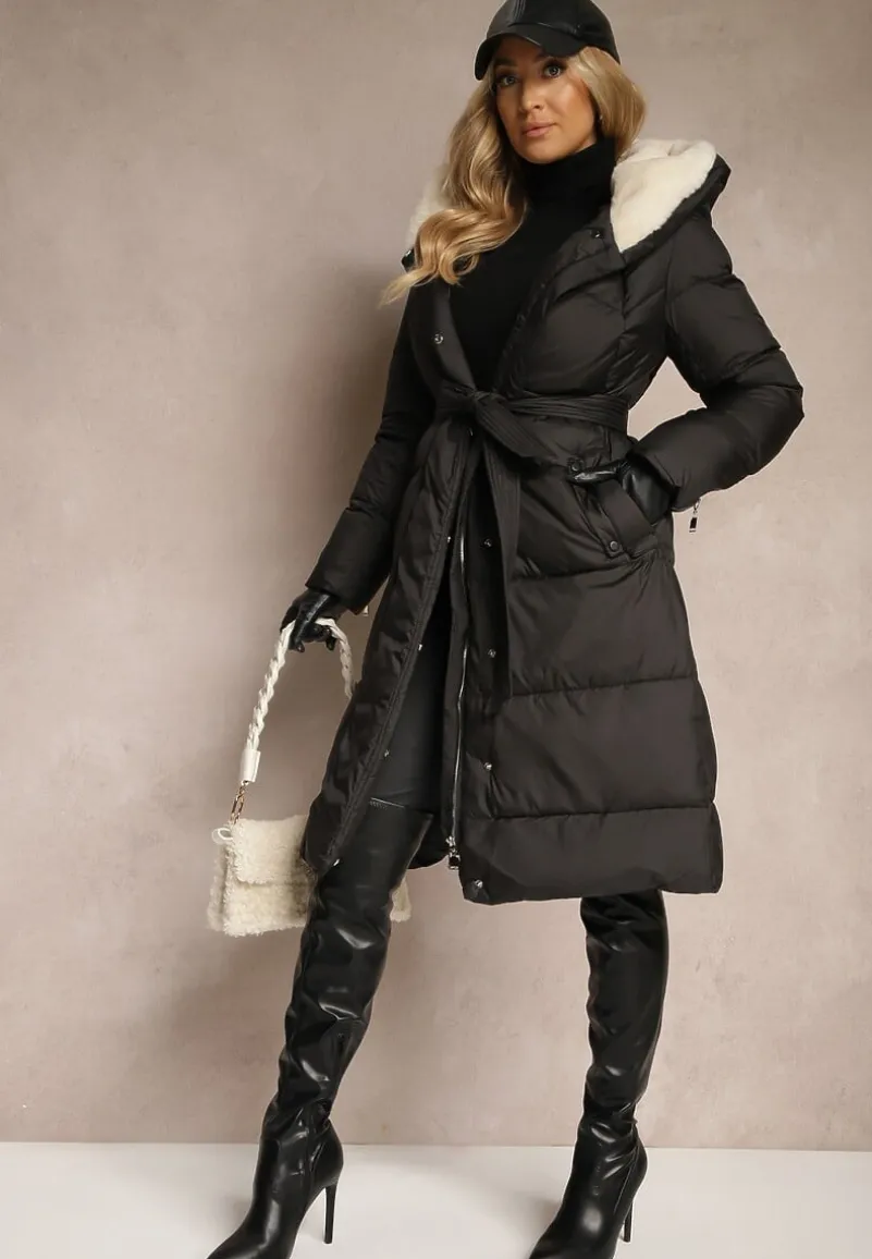 Czarna Długa Kurtka Pikowana z Kapturem Wiązana w Pasie Neanethra